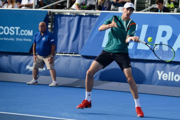 February 22, 2020, Delray Beach, Florida, United Sates: UGO HUMBERT of France in his semifinal match v. Y. Nishioka in the Delray Beach Open tennis tournament in Delray Beach Florida. Tennis 2020: Delray Beach Open - ZUMAl132 20200222_zap_l132_010 Copyright: xChristopherxLevyx
