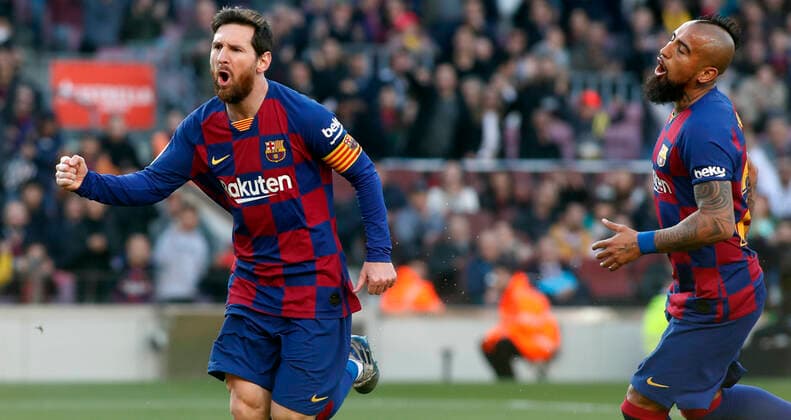 Partido de LaLiga Santander entre el Barcelona y el Eibar. En la imagen, celebracion de Messi tras marcar. LaLiga Santander match between Barcelona and Eibar. In this picture, Messi celebrates after scoring . 