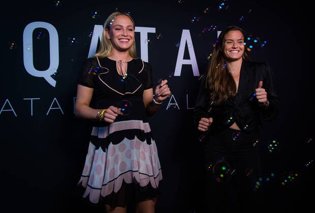 February 23, 2020, Doha, QATAR: Donna Vekic of Croatia & Maria Sakkari of Greece in the photo booth ahead of the players party of the 2020 Qatar Total Open WTA, Tennis Damen Premier 5 tennis tournament 2020 Qatar Total Open, Tennis, Doha, Qatar, Feb 23 - ZUMAa181 20200223_zaa_a181_049 Copyright: xRobxPrangex