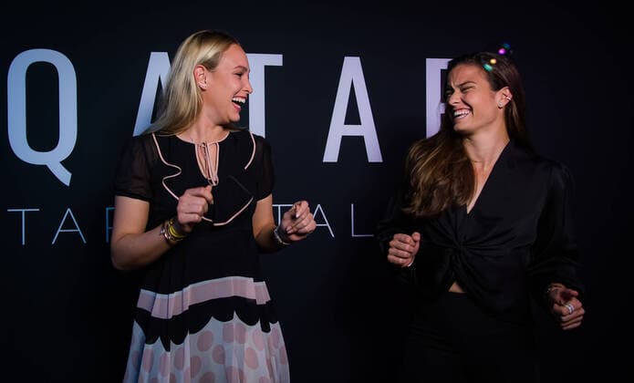 February 23, 2020, Doha, QATAR: Donna Vekic of Croatia & Maria Sakkari of Greece in the photo booth ahead of the players party of the 2020 Qatar Total Open WTA, Tennis Damen Premier 5 tennis tournament 2020 Qatar Total Open, Tennis, Doha, Qatar, Feb 23 - ZUMAa181 20200223_zaa_a181_058 Copyright: xRobxPrangex