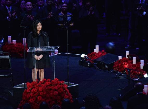 Vanessa Bryant addresses family members, friends and fans attending the Celebration of Life for Kobe and Gianna Bryant memorial ceremony at Staples Center in Los Angeles on Monday, February 24, 2020. Kobe Bryant and Gianna Bryant were killed along with seven other people in a helicopter crash in Calabasas on January 26.  LAP2020022404 JIMxRUYMEN