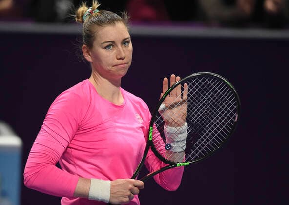 Tennis, WTA-Turnier in Doha (200225) -- DOHA, Feb. 25, 2020 (Xinhua) -- Vera Zvonareva of Russia celebrates after the women s singles first round match against Hsieh Su-wei of Chinese Taipei at the 2020 WTA, Tennis Damen Qatar Open tennis tournament in Doha, Qatar, Feb. 24, 2020. (Photo by Nikku Xinhua) (SP)QATAR-DOHA-TENNIS-WTA-SINGLES 