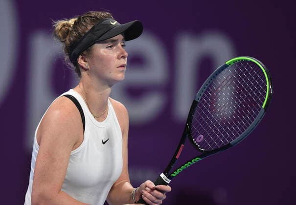 Tennis, WTA-Turnier in Doha (200225) -- DOHA, Feb. 25, 2020 (Xinhua) -- Elina Svitolina of Ukraine reacts during the women s singles second round match against Amanda Anisimova of the United States at the 2020 WTA, Tennis Damen Qatar Open in Doha, Qatar, Feb. 24, 2020. (Xinhua Nikku) (SP)QATAR-DOHA-TENNIS-WTA-SINGLES 