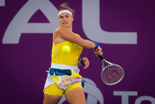 February 25, 2020, Doha, QATAR: Aryna Sabalenka of Belarus in action during her second-round match at the 2020 Qatar Total Open WTA, Tennis Damen Premier 5 tennis tournament against Anett Kontaveit of Estonia 2020 Qatar Total Open, Tennis, Doha, Qatar, Feb 25 - ZUMAa181 20200225_zaa_a181_027 Copyright: xRobxPrangex