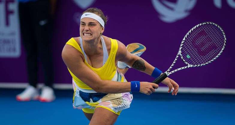 February 25, 2020, Doha, QATAR: Aryna Sabalenka of Belarus in action during her second-round match at the 2020 Qatar Total Open WTA, Tennis Damen Premier 5 tennis tournament 2020 Qatar Total Open, Tennis, Doha, Qatar, Feb 25 - ZUMAa181 20200225_zaa_a181_073 Copyright: xRobxPrangex