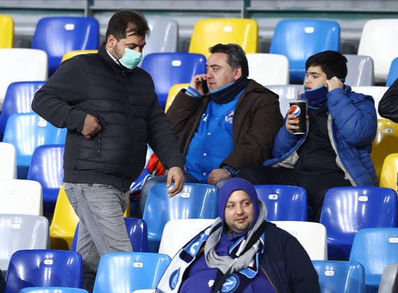 25th February 2020; Stadio San Paolo, Naples, Campania, Italy; UEFA Champions League Football, Napoli versus Barcelona; fans with protective masks for the coronavirus alert  ActionPlus12213906 AlessandroxGarofalo