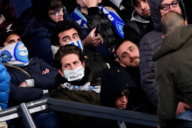 Photo Alfredo Falcone - LaPresse25 02 2020 Naples (Italy SoccerNapoli-BarcellonaUefa Champions League 2019 2020 - San Paolo Stadium of NaplesIn the pic: fans with the mask against coronavirus infection  Copyright: xAlfredoxFalcone LaPresse ALFREDOx
