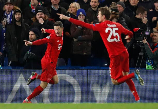 Sport Bilder des Tages Robert Lewandowski of Bayern Munich celebrates scoring their third goal during the UEFA Champions League match at Stamford Bridge, London. Picture date: 25th February 2020. Picture credit should read: David Klein Sportimage EDITORIAL USE ONLY. No use with unauthorised audio, video, data, fixture lists, club league logos or live services. Online in-match use limited to 120 images, no video emulation. No use in betting, games or single club league player publications. SPI-0516-0078