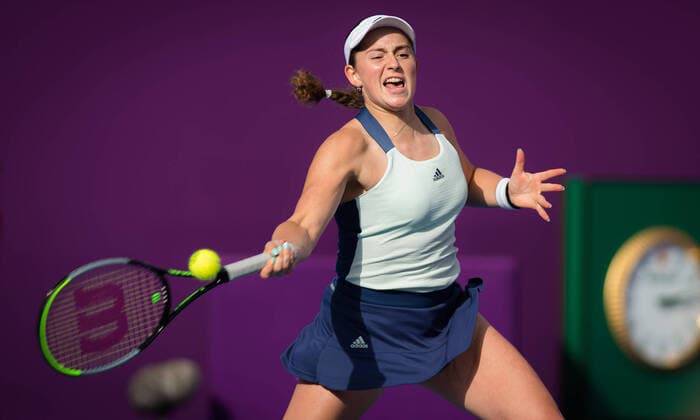 February 26, 2020, Doha, QATAR: Jelena Ostapenko of Latvia in action during her third-round match at the 2020 Qatar Total Open WTA, Tennis Damen Premier 5 tennis tournament against Petra Kvitova of the Czech Republic 2020 Qatar Total Open, Tennis, Doha, Qatar, Feb 26 - ZUMAa181 20200226_zaa_a181_017 Copyright: xRobxPrangex