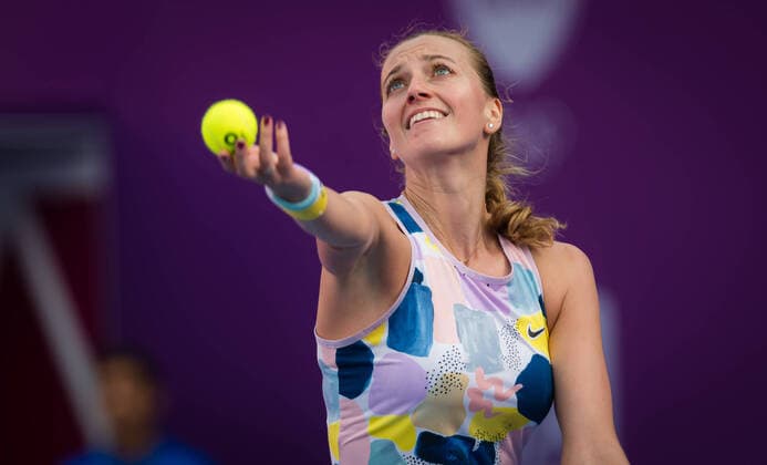 February 26, 2020, Doha, QATAR: Petra Kvitova of the Czech Republic in action during her third-round match at the 2020 Qatar Total Open WTA, Tennis Damen Premier 5 tennis tournament against Jelena Ostapenko of Latvia 2020 Qatar Total Open, Tennis, Doha, Qatar, Feb 26 - ZUMAa181 20200226_zaa_a181_028 Copyright: xRobxPrangex