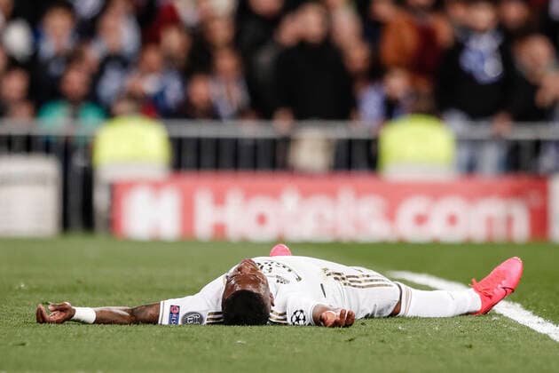 26th February 2020; Estadio Santiago Bernabeu, Madrid, Spain; UEFA Champions League Football, Real Madrid versus Manchester City; Vinicius Junior (Real Madrid) frustrated as he misses a good goal scoring chance  ActionPlus12214235 LeonardoxPrieto