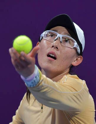 (200227) -- DOHA, Feb. 27, 2020 (Xinhua) -- Zheng Saisai of China serves during the women s singles third round match against Kiki Bertens of the Netherlands at the 2020 WTA, Tennis Damen Qatar Open in Doha, Qatar, Feb. 26, 2020. (Photo by Nikku Xinhua) (SP)QATAR-DOHA-TENNIS-WTA-SINGLES 