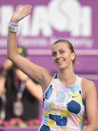 (200227) -- DOHA, Feb. 27, 2020 (Xinhua) -- Petra Kvitova of the Czech Republic celebrates after winning the women s singles third round match against Jelena Ostapenko of Latvia at the 2020 WTA, Tennis Damen Qatar Open in Doha, Qatar, Feb. 26, 2020. (Photo by Nikku Xinhua) (SP)QATAR-DOHA-TENNIS-WTA-SINGLES 