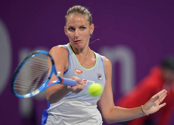 (200227) -- DOHA, Feb. 27, 2020 (Xinhua) -- Karolina Pliskova of Czech Republic hits a return during the women s singles third round match against Ons Jabeur of Tunisia at the 2020 WTA, Tennis Damen Qatar Open in Doha, Qatar, Feb. 26, 2020. (Photo by Nikku Xinhua) (SP)QATAR-DOHA-TENNIS-WTA-SINGLES 
