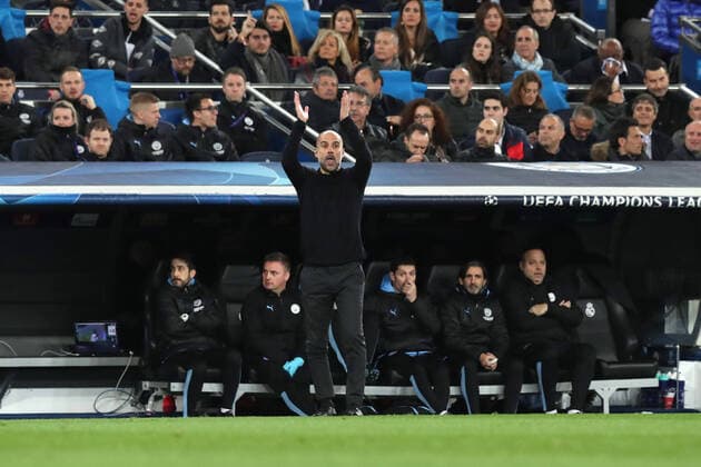 February 26, 2020, Madrid, Spain: MADRID, SPAIN - 26 FEBRUARY: Head coach Josep Guardiola of Manchester City during the UEFA Champions League, round of 16, 1st leg football match between Real Madrid CF and Manchester City on February 26, 2020 at Santiago Bernabeu stadium in Madrid, Spain Football - UEFA Champions League - Real Madrid CF vs Manchester City -  - ZUMAb169 20200226_zaa_b169_093 Copyright: xManuelxBlondeau Aop.Pressx