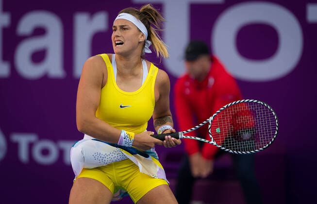 February 27, 2020, Doha, QATAR: Aryna Sabalenka of Belarus in action during her quarter-final match at the 2020 Qatar Total Open WTA, Tennis Damen Premier 5 tennis tournament against Saisai Zheng of China 2020 Qatar Total Open, Tennis, Doha, Qatar, Feb 27 - ZUMAa181 20200227_zaa_a181_049 Copyright: xRobxPrangex