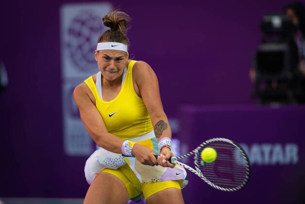 February 27, 2020, Doha, QATAR: ARYNA SABALENKA of Belarus in action during her quarter-final match at the 2020 Qatar Total Open WTA, Tennis Damen Premier 5 tennis tournament against S. Zheng of China. Tennis 2020: Qatar Total Open - ZUMAa181 20200227_zaa_a181_058 Copyright: xRobxPrangex