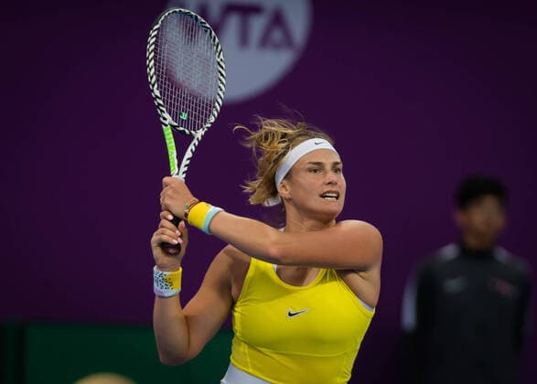 February 27, 2020, Doha, QATAR: Aryna Sabalenka of Belarus in action during her quarter-final match at the 2020 Qatar Total Open WTA, Tennis Damen Premier 5 tennis tournament against Saisai Zheng of China 2020 Qatar Total Open, Tennis, Doha, Qatar, Feb 27 - ZUMAa181 20200227_zaa_a181_070 Copyright: xRobxPrangex