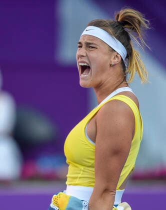 (200228) -- DOHA, Feb. 28, 2020 (Xinhua) -- Aryna Sabalenka of Belarus celebrates during the women s singles quarterfinal match against Zheng Saisai of China at the 2020 WTA, Tennis Damen Qatar Open in Doha, Qatar, Feb. 27, 2020. (Photo by Nikku Xinhua) (SP)QATAR-DOHA-TENNIS-WTA-SINGLES 