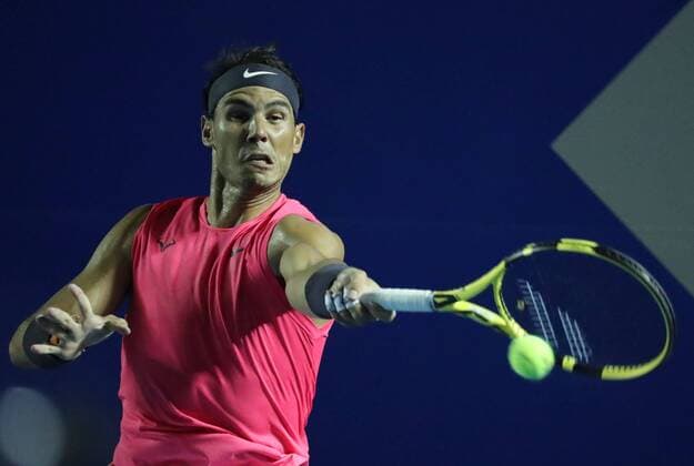 Spanish tennis player Rafael Nadal hits the ball against Korean Kwow Soonwoo during their Mexican Open s quarter final game in Acapulco, Mexico, 27 February 2020. Nadal won 6-2 and 6-1. Rafael Nadal vs. Kwow Soonwoo !ACHTUNG: NUR REDAKTIONELLE NUTZUNG!  Copyright: xDavidxGuzmanx MEX6389 20200228-637184738231682560