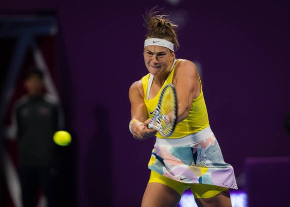 February 28, 2020, Doha, QATAR: Aryna Sabalenka of Belarus in action during the semi-final of the 2020 Qatar Total Open WTA, Tennis Damen Premier 5 tennis tournament against Svetlana Kuznetsova of Russia 2020 Qatar Total Open, Tennis, Doha, Qatar, Feb 28 - ZUMAa181 20200228_zaa_a181_070 Copyright: xRobxPrangex