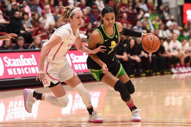 PALO ALTO, CA - FEBRUARY 24: Oregon Ducks forward Satou Sabally (0) drives on Stanford Cardinal guard Lexie Hull (12) during the NCAA, College League, USA women s basketball game between the Oregon Ducks and the Stanford Cardinal at Maples Pavilion on February 24, 2020 in Palo Alto, CA. (Photo by Cody Glenn Icon Sportswire) COLLEGE BASKETBALL: FEB 24 Women s Oregon at Stanford Icon02242020005