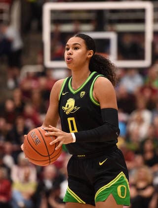 PALO ALTO, CA - FEBRUARY 24: Oregon Ducks forward Satou Sabally (0) during the NCAA, College League, USA women s basketball game between the Oregon Ducks and the Stanford Cardinal at Maples Pavilion on February 24, 2020 in Palo Alto, CA. (Photo by Cody Glenn Icon Sportswire) COLLEGE BASKETBALL: FEB 24 Women s Oregon at Stanford Icon02242020251