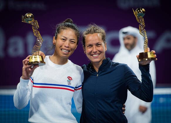 February 28, 2020, Doha, QATAR: Barbora Strycova of the Czech Republic & Su-Wei Hsieh of Chinese Taipeh with their trophies after winning the doubles final of the 2020 Qatar Total Open WTA, Tennis Damen Premier 5 tennis tournament 2020 Qatar Total Open, Tennis, Doha, Qatar, Feb 28 - ZUMAa181 20200228_zaa_a181_100 Copyright: xRobxPrangex