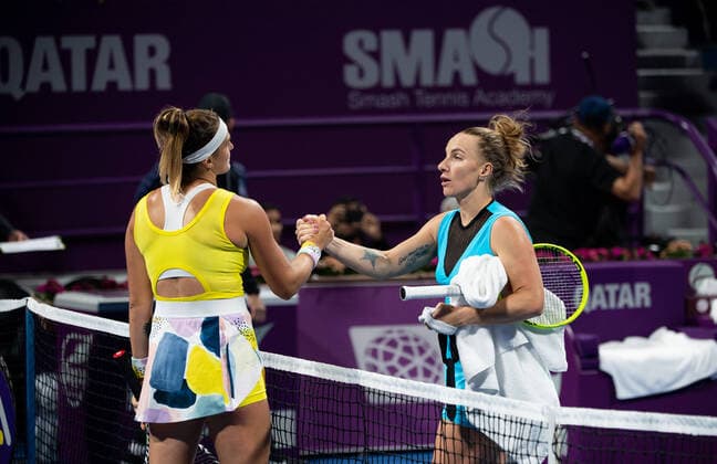 WTA, Tennis Damen Qatar TOTAL Open 2020 Doha Svetlana Kuznetsova (RUS) and Aryna Sabalenka (BLR) WTA Qatar TOTAL Open 2020