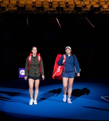 WTA, Tennis Damen Qatar TOTAL Open 2020 Doha Garbiela Dabrowski (CAN) and Jelena Ostapenko (LAT) WTA Qatar TOTAL Open 2020