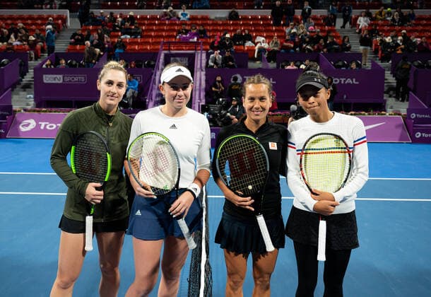 WTA, Tennis Damen Qatar TOTAL Open 2020 Doha Su-Wei Hsieh (TPE), Barbora Strycoa (CZE) and Garbiela Dabrowski (CAN), Jelena Ostapenko (LAT) WTA Qatar TOTAL Open 2020