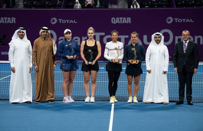 WTA, Tennis Damen Qatar TOTAL Open 2020 Doha Su-Wei Hsieh (TPE) and Barbora Strycoa (CZE), Garbiela Dabrowski (CAN) and Jelena Ostapenko (LAT) WTA Qatar TOTAL Open 2020