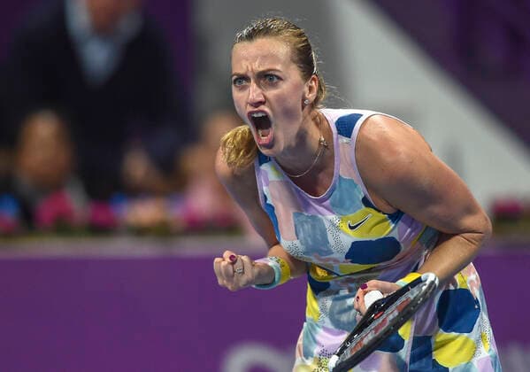 Sport Bilder des Tages (200229) -- DOHA, Feb. 29, 2020 (Xinhua) -- Petra Kvitova of the Czech Republic celebrates scoring during the women s singles semi-final match against Ashleigh Barty of Australia at the 2020 WTA, Tennis Damen Qatar Open in Doha, Qatar, Feb. 28, 2020. (Photo by Nikku Xinhua) (SP)QATAR-DOHA-TENNIS-WTA-SINGLES 