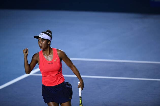 (200229) -- ACAPULCO, Feb. 29, 2020 -- Leylah Fernandez of Canada celebrates after scoring during the women s singles semifinal match between Renata Zarazua of Mexico and Leylah Fernandez of Canada at the 2020 WTA, Tennis Damen Mexican Open tennis tournament in Acapulco, Mexico, Feb. 28, 2020. ) (SP)MEXICO-ACAPULCO-TENNIS-WTA-MEXICAN OPEN-SEMIFINALS XinxYuewei 