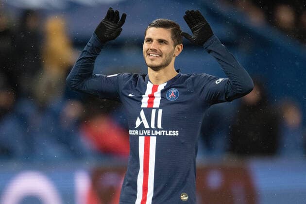 (200301) -- PARIS, March 1, 2020 -- Mauro Icardi of Paris Saint-Germain celebrates his goal during the Ligue 1 football match between Paris Saint-Germain (PSG) and Dijon in Paris, France, on Feb. 29, 2020. (Photo by Jack Chan Xinhua) (SP)FRANCE-PARIS-FOOTBALL-LIGUE 1-PSG VS DIJON JiexKe¡¤chen 