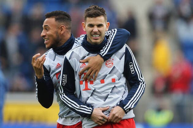 29.02.2020, xtvx, Fussball 1.Bundesliga, TSG 1899 Hoffenheim - FC Bayern Muenchen emspor, v.l. Corentin Tolisso (FC Bayern Muenchen) Lucas Hernandez (FC Bayern Muenchen) warms up, beim Aufwaermen (DFL DFB REGULATIONS PROHIBIT ANY USE OF PHOTOGRAPHS as IMAGE SEQUENCES and or QUASI-VIDEO) Sinsheim