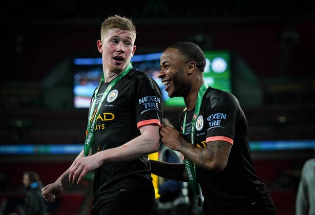 Raheem Sterling (right) & Kevin De Bruyne of Man City during the Carabao Cup Final match between Aston Villa and Manchester City at Wembley Stadium, London, England on 1 March 2020. Copyright: xAndyxRowlandx PMI-3418-0030