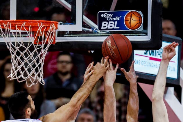 Bonn, Germany, TelekomDome, 01.03.2020: Four players advance to rebound during the easy Credit BBL match Telekom Baskets Bonn vs. Oliver Würzburg in the season 2019 2020.