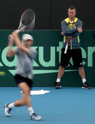 TENNIS DAVIS CUP PREVIEW ADELAIDE, Australian Davis Cup captain Lleyton Hewitt watches John Millman train during a Davis Cup preview media opportunity at Memorial Drive Tennis Centre in Adelaide, Tuesday, March 3, 2020. ( NO ARCHIVING, EDITORIAL USE ONLY, NO USE IN BOOKS WITHOUT CONSENT ADELAIDE SA AUSTRALIA  Copyright: xKELLYxBARNESx 20200303001453223829