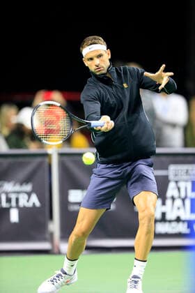 DULUTH, GA - MARCH 02: Grigor Dimitrov warms up on March 02, 2020 at Infinite Energy Arena in Duluth, GA. (Photo by David J. Griffin Icon Sportswire) TENNIS: MAR 02 Nadal v Dimitrov Icon95320200302145