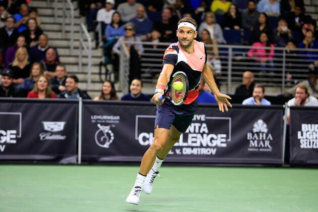 DULUTH, GA - MARCH 02: Grigor Dimitrov hits a backhand during the match on March 02, 2020 at Infinite Energy Arena in Duluth, GA. (Photo by David J. Griffin Icon Sportswire) TENNIS: MAR 02 Nadal v Dimitrov Icon95320200302276