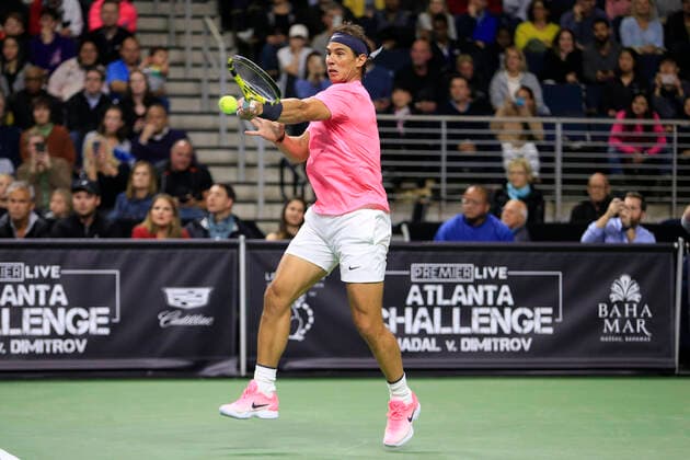 DULUTH, GA - MARCH 02: Rafael Nadal hits a forehand stroke during the match on March 02, 2020 at Infinite Energy Arena in Duluth, GA. (Photo by David J. Griffin Icon Sportswire) TENNIS: MAR 02 Nadal v Dimitrov Icon95320200302302