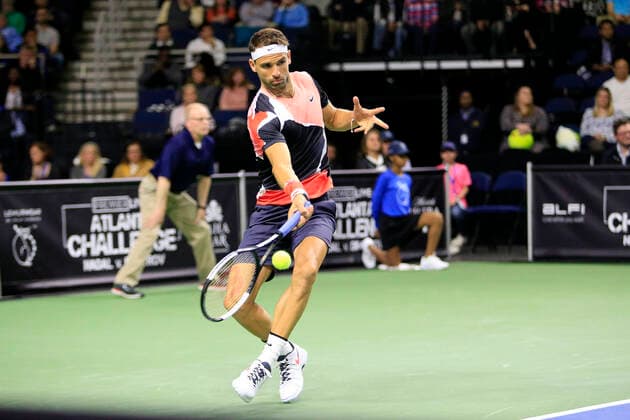 DULUTH, GA - MARCH 02: Grigor Dimitrov hits a forehand stroke during the match on March 02, 2020 at Infinite Energy Arena in Duluth, GA. (Photo by David J. Griffin Icon Sportswire) TENNIS: MAR 02 Nadal v Dimitrov Icon95320200302363