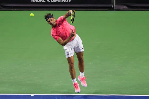 DULUTH, GA - MARCH 02: Rafael Nadal serves during the match on March 02, 2020 at Infinite Energy Arena in Duluth, GA. (Photo by David J. Griffin Icon Sportswire) TENNIS: MAR 02 Nadal v Dimitrov Icon95320200302529