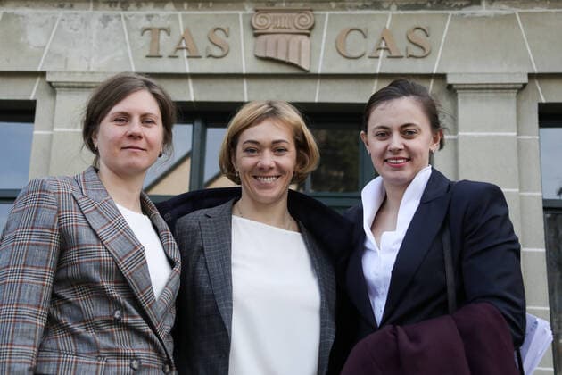 LAUSANNE, SWITZERLAND - MARCH 3, 2020: Russian biathlete Yana Romanova, Olga Zaitseva and Olga Vilukhina (L-R) seen outside the Court of Arbitration for (CAS) headquarters holding appeal hearings for Russian biathletes Olga Zaitseva, Yana Romanova and Olga Vilukhina. On November 27, 2017, the International Olympic Committee (IOC) disqualified Zaitseva, Romanova Olga Vilukhina for life and also canceled their results at the Sochi 2014 Winter Olympics; the biathletes filed appeals against the IOC s sanctions. During the hearings, the biathletes lawyer Alexei Panich said that the signatures on the affidavits of former head of Russia s Anti-Doping Center Grigory Rodchenkov, that are the crucial evidence furnished by IOC, had been forged, according to reports by British and Russian experts. Valery Sharifulin TASS  TS0D0957