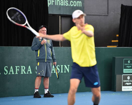 TENNIS DAVIS CUP TRAINING, Former tennis player Tony Roche watches John Millman during practice ahead of the Davis Cup qualifier between Australia and Brazil in Adelaide. Wednesday, March 4, 2020. The 30-year-old, is the nations highest ranked player in the Davis Cup team this week. ( NO ARCHIVING, EDITORIAL USE ONLY, NO USE IN BOOKS WITHOUT CONSENT ADELAIDE SA AUSTRALIA  Copyright: xDAVIDxMARIUZx 20200304001453495330