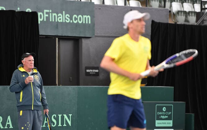 TENNIS DAVIS CUP TRAINING, Former tennis player Tony Roche watches John Millman during practice ahead of the Davis Cup qualifier between Australia and Brazil in Adelaide. Wednesday, March 4, 2020. The 30-year-old, is the nations highest ranked player in the Davis Cup team this week. ( NO ARCHIVING, EDITORIAL USE ONLY, NO USE IN BOOKS WITHOUT CONSENT ADELAIDE SA AUSTRALIA  Copyright: xDAVIDxMARIUZx 20200304001453506767