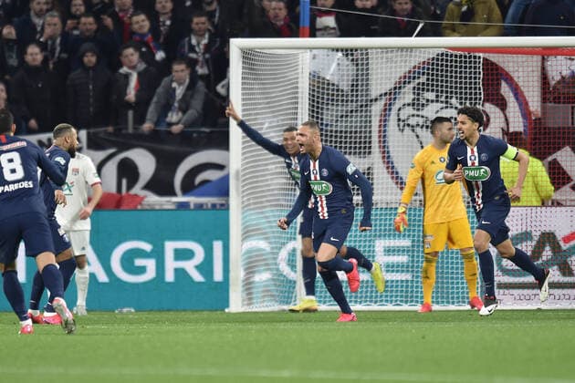 Joie de Layvin Kurzawa (psg) FOOTBALL : Olympique Lyonnais vs Paris Saint Germain - Coupe de France - 1 2 finale - 04 03 2020 FredericChambert Panoramic 