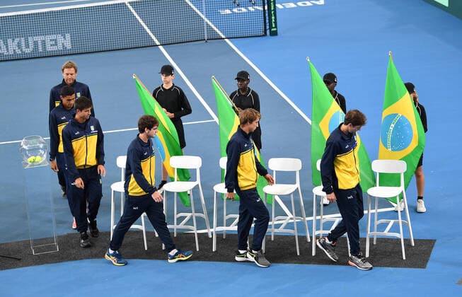 TENNIS DAVIS CUP DRAW, Brazilian team Players are seen during the official draw of the Davis Cup teams ahead of the Davis Cup qualifier between Australia and Brazil in Adelaide. Thursday, March 5, 2020. ( NO ARCHIVING, EDITORIAL USE ONLY, NO USE IN BOOKS WITHOUT CONSENT ADELAIDE SA AUSTRALIA  Copyright: xDAVIDxMARIUZx 20200305001453725116