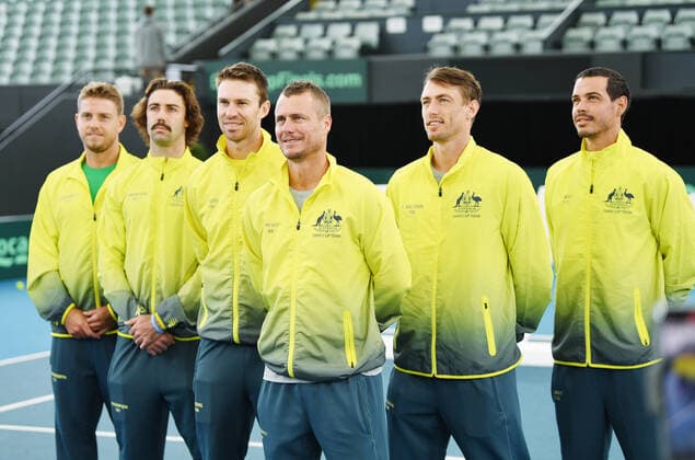 TENNIS DAVIS CUP DRAW, Lleyton Hewitt (centre) poses for photo with the Australian Davis Cup Squad during the official draw of the Davis Cup teams ahead of the Davis Cup qualifier between Australia and Brazil in Adelaide. Thursday, March 5, 2020. ( NO ARCHIVING, EDITORIAL USE ONLY, NO USE IN BOOKS WITHOUT CONSENT ADELAIDE SA AUSTRALIA  Copyright: xDAVIDxMARIUZx 20200305001453726867